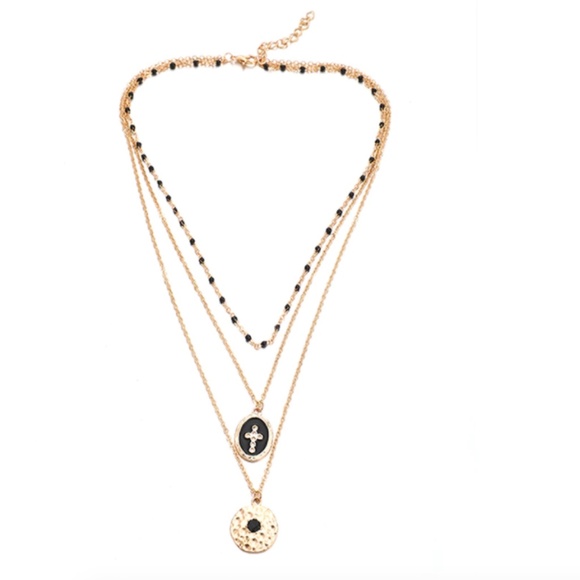 Layered Black Beaded Religious Gold Necklace - Picture 3 of 7